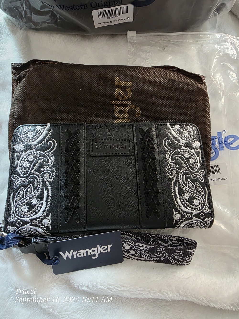 Wrangler Black Wristlet Clutch with White Paisley Embroidery